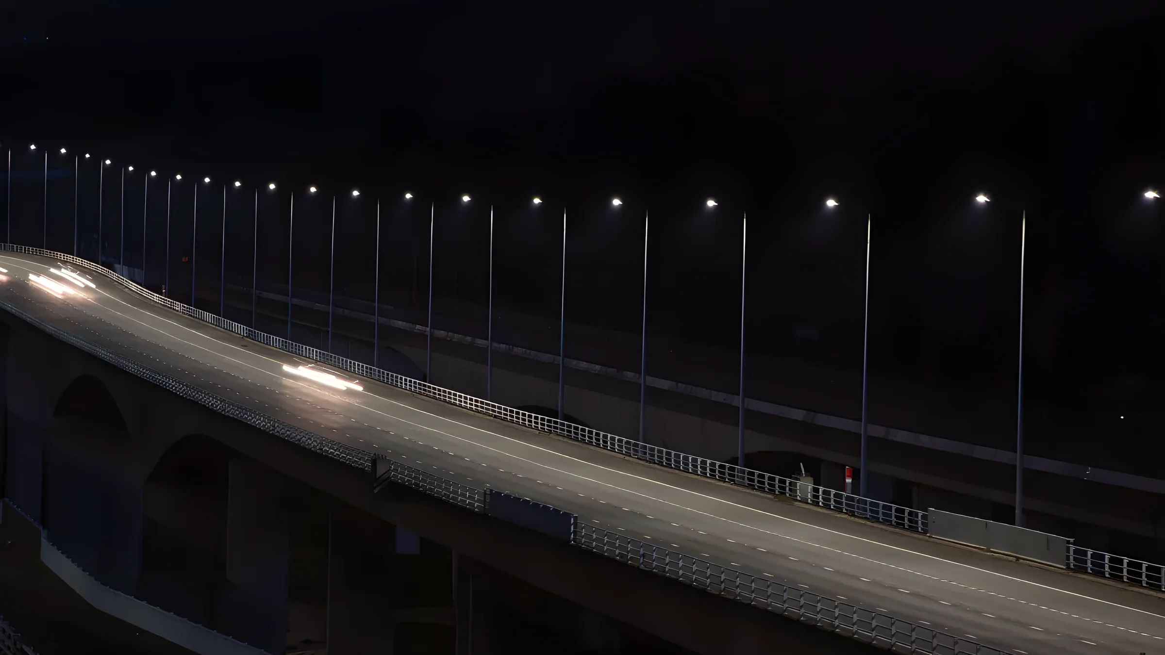 AIR3 Motorway Lighting M2 hero (upscaled v1) M2 motorway viaduct at night, lit by INDO AIR3 LED street lights