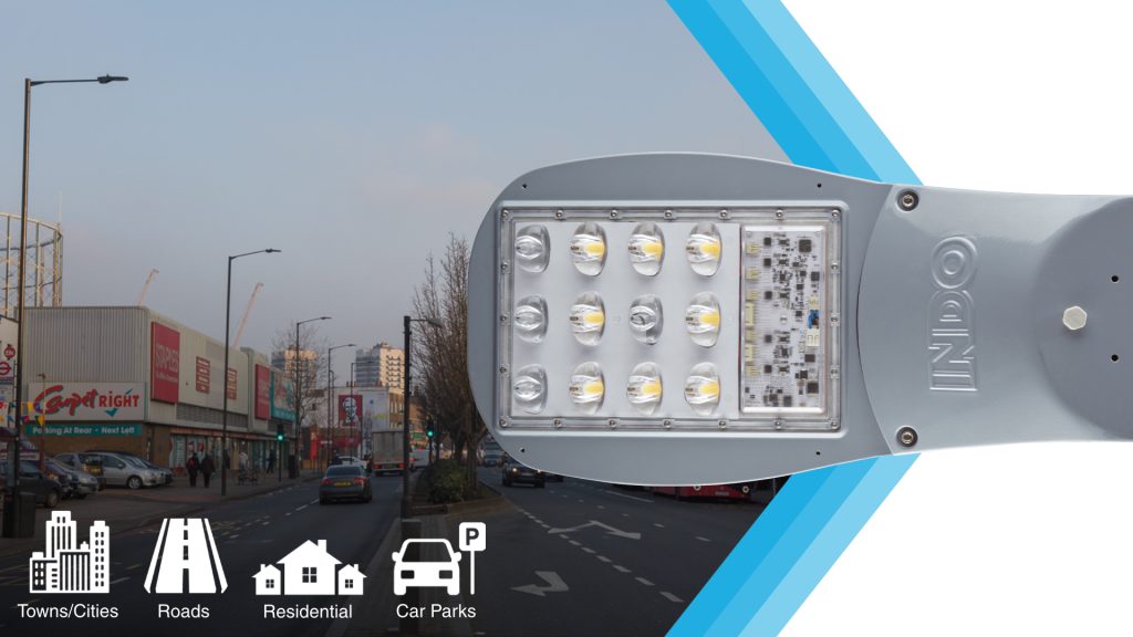 INDO AIR2 LED street light over a London street scene, with icons for towns and cities, roads, residential and car parks