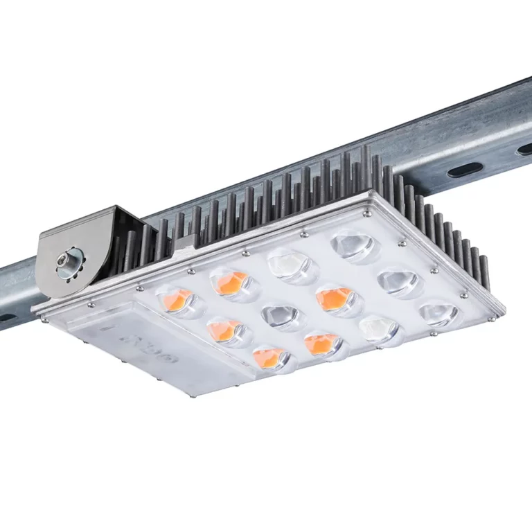 INDO ELEMENT LED-kasvihuonemoduuli viistosti: jäähdytysrivat ja kiskokiinnitys