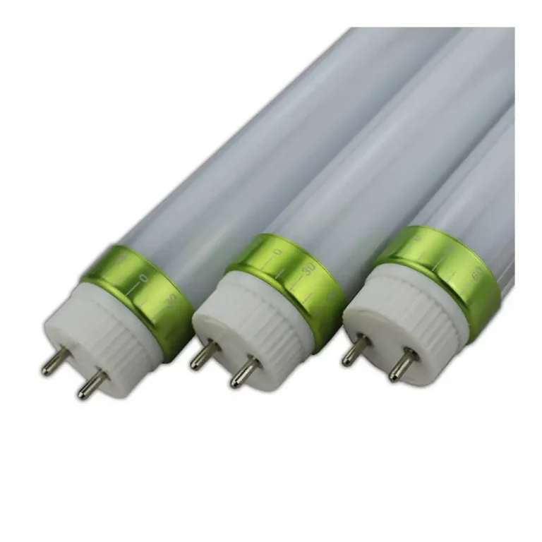 Three SALED T8 LED retrofit tube lamps showing the green end cap markings