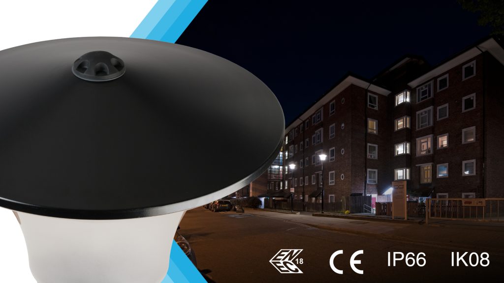 INDO Radius luminaire close-up with a lit residential courtyard at night, showing CE, IP66 and IK08 icons