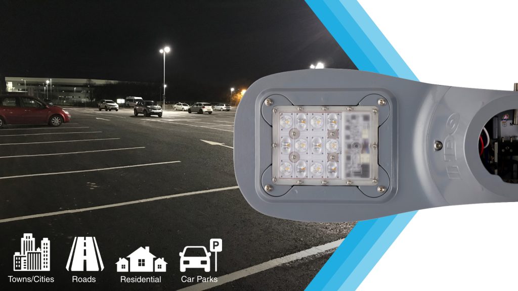 AIR1 street light illuminating a car park at night, for towns, roads, residential areas and car parks
