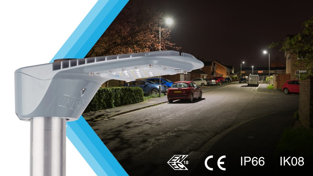 AIR1 street light illuminating a residential street at night, ENEC, CE, IP66 and IK08 rated