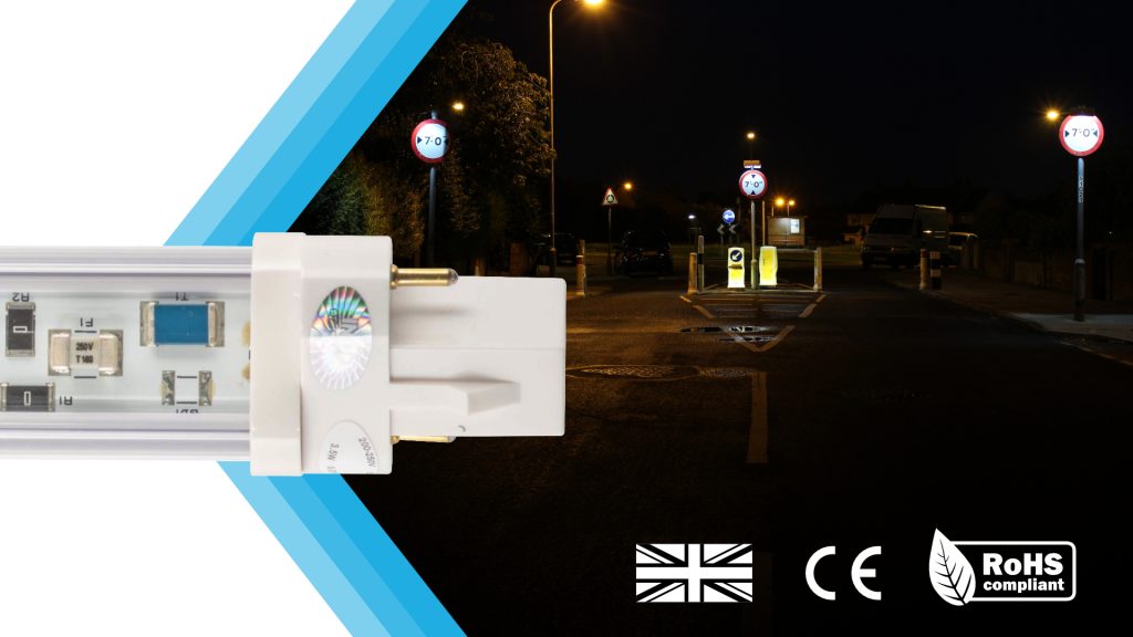PLUE LED tube light with UK flag, CE and RoHS compliance marks, night road sign application