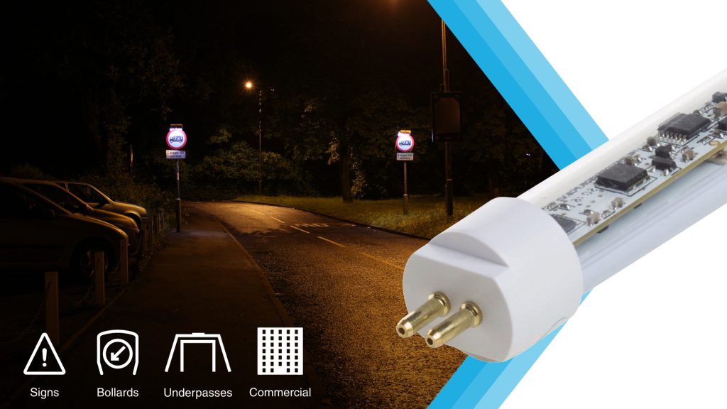 T5UE LED tube light applications: signs, bollards, underpasses and commercial use