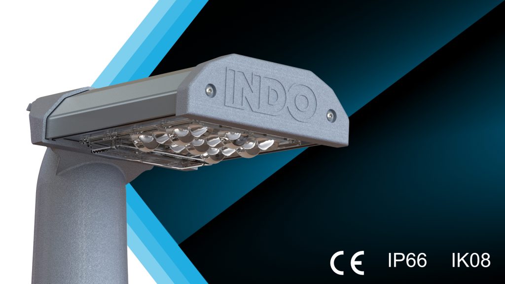 ION Road LED gatvės šviestuvas iš arti: korpusas su INDO logotipu ir optika