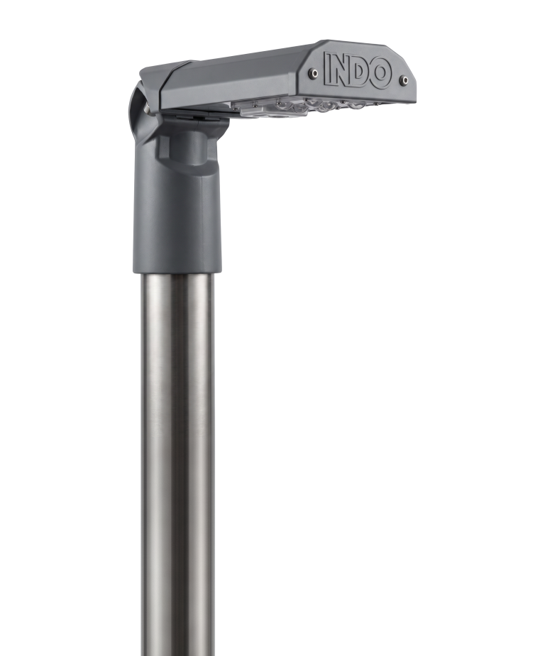 INDO ION Road LED street light on a brushed stainless steel column