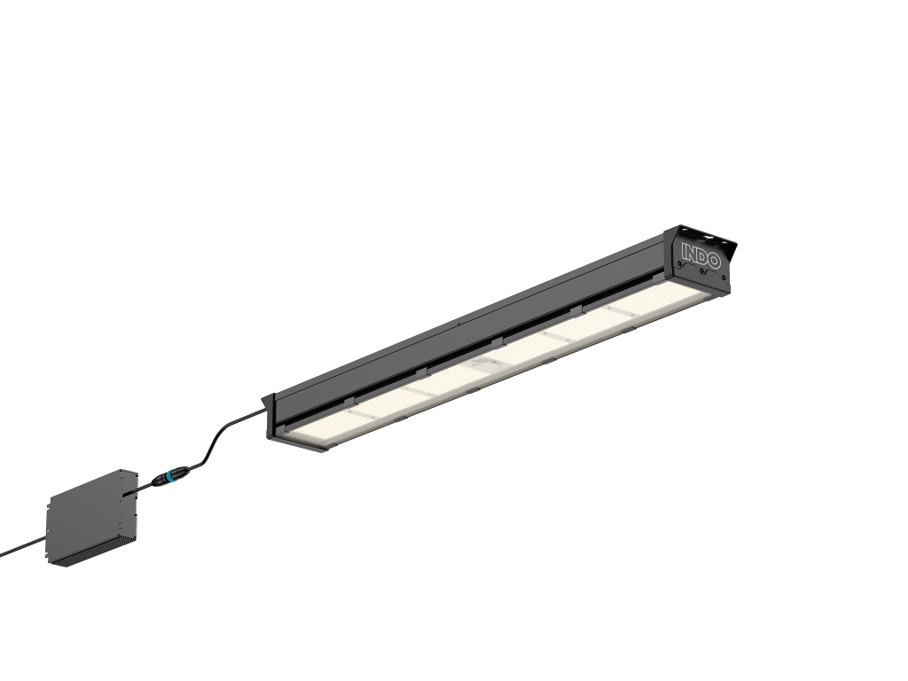 Įjungtas INDO TerraLink 600 linijinis LED šviestuvas su prijungtu jutiklio moduliu