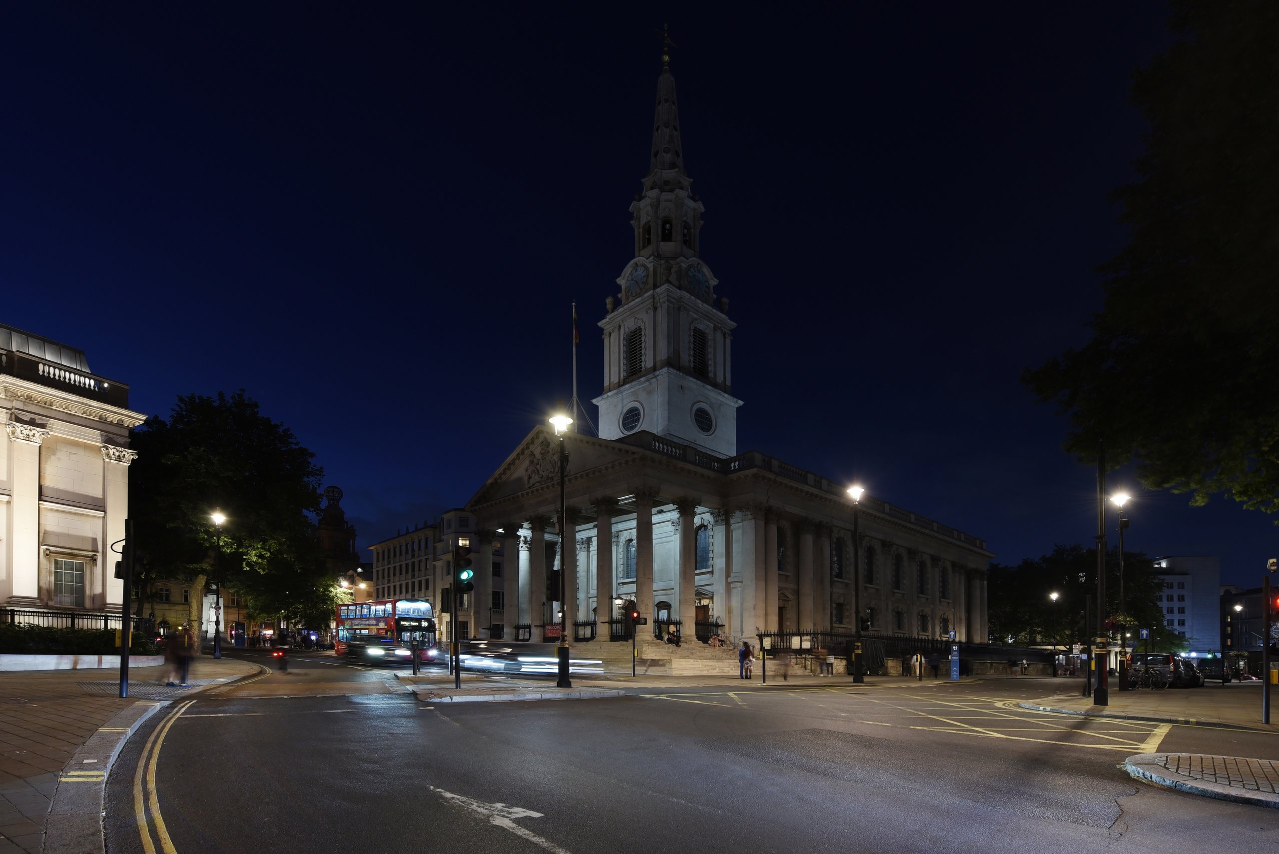St Martin-in-the-Fields church at night, lit by heritage lanterns fitted with INDO gear trays