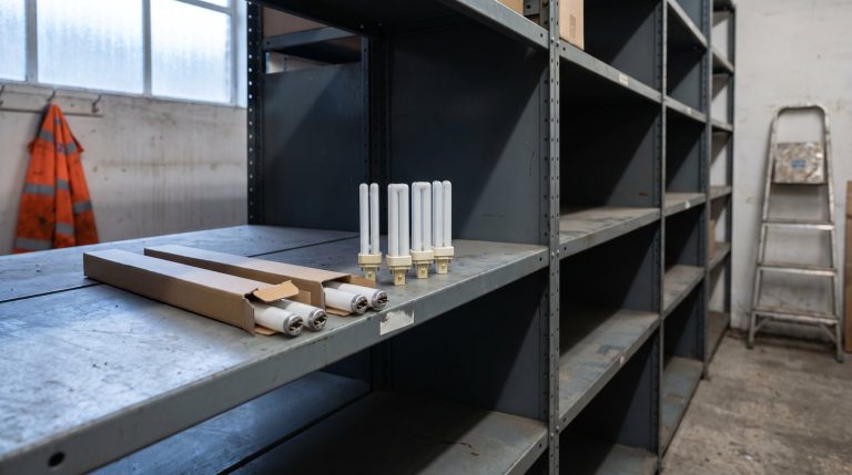 A nearly empty depot shelf holding the last few PL sign lamps and boxed T5 tubes